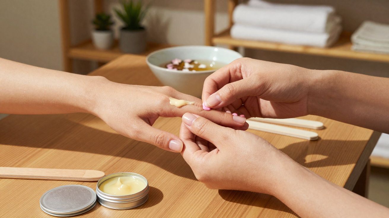 Une personne applique une crème sur la main d’une autre dans un salon de soin.