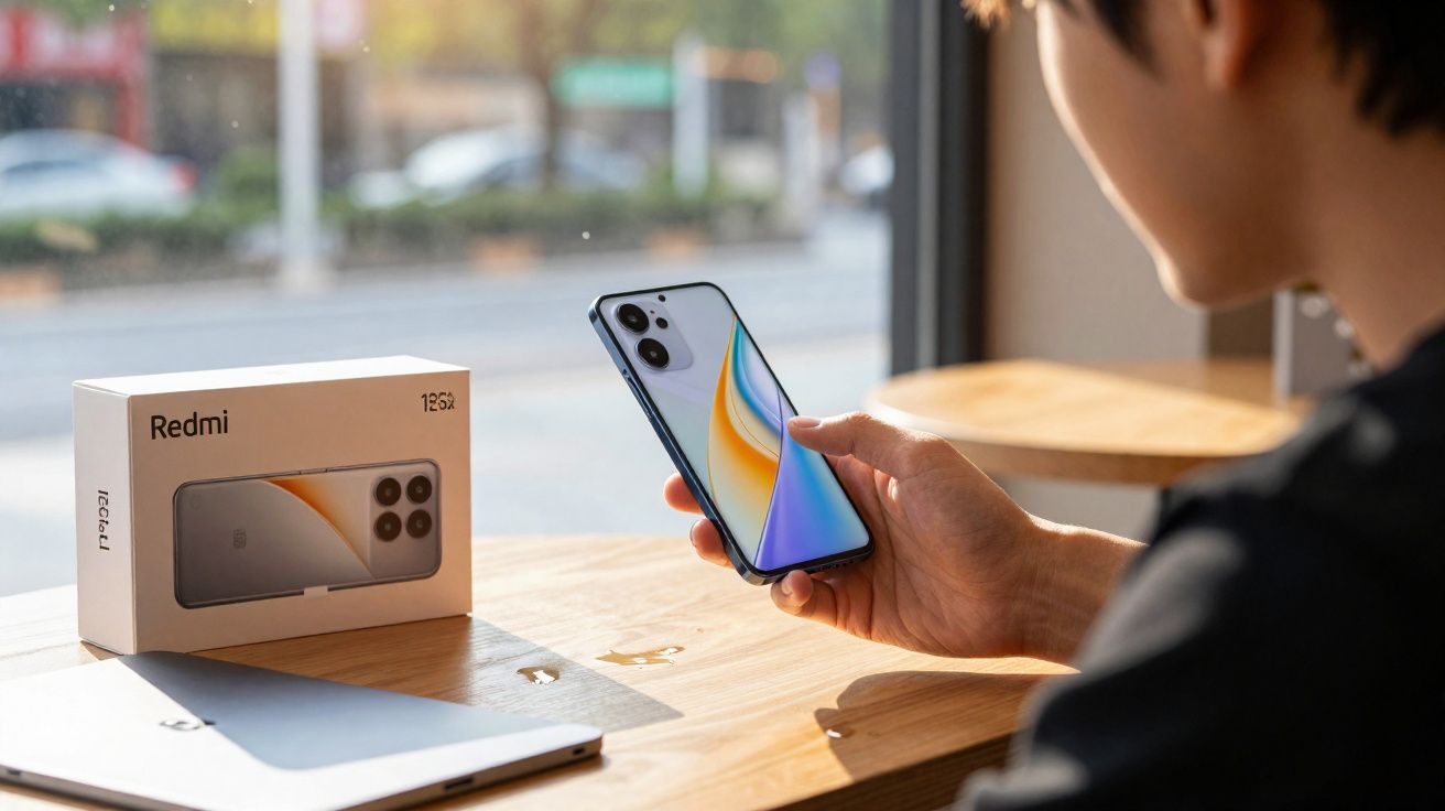 Personne tenant un smartphone Xiaomi Redmi près d'une boîte sur une table en bois près d'une fenêtre.