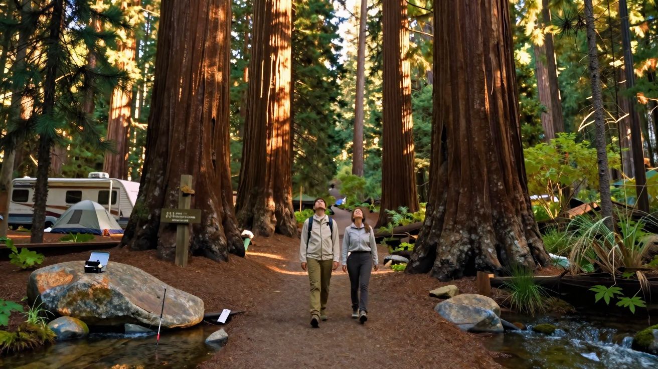 Deux randonneurs marchent dans une forêt de séquoias géants avec une rivière et un campement en arrière-plan.