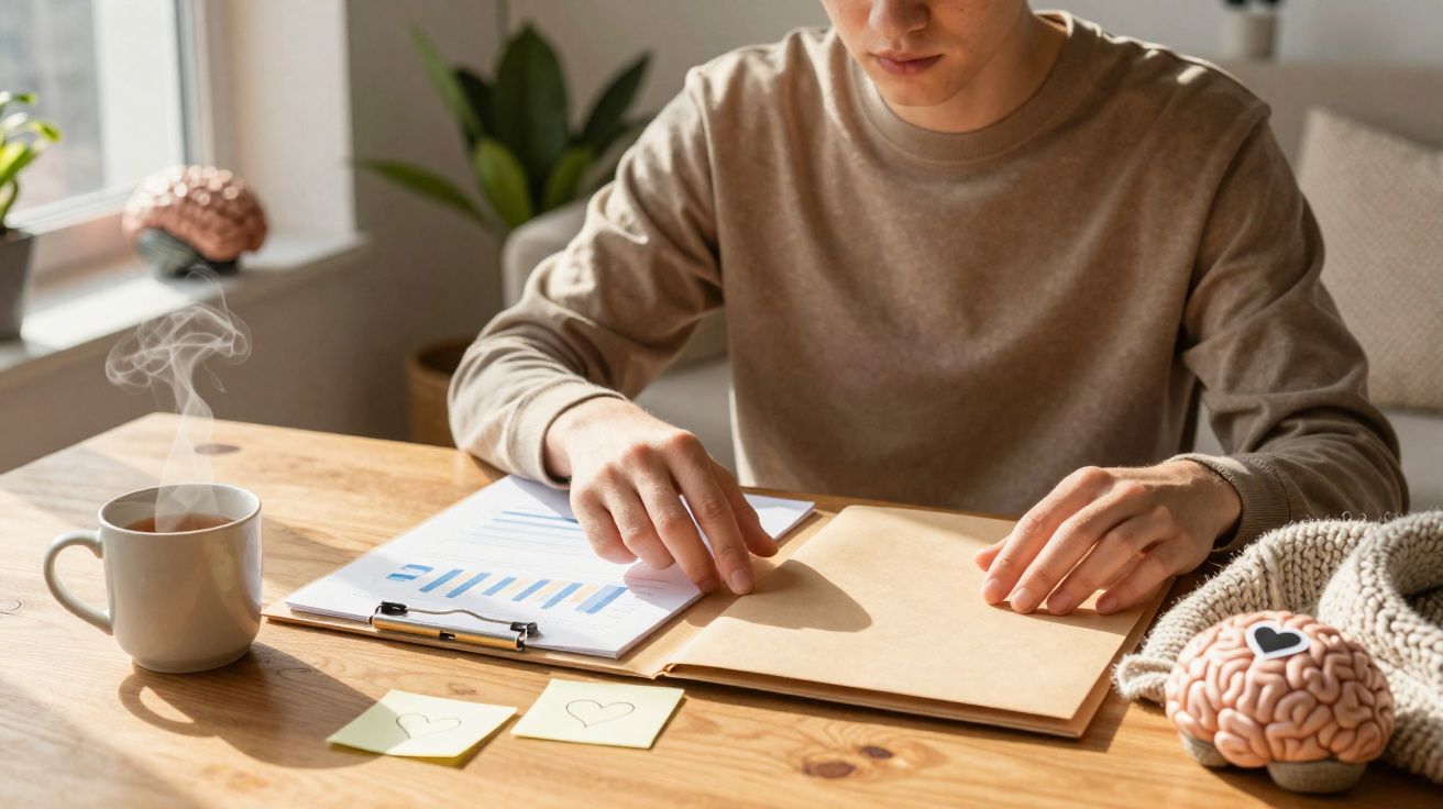 Personne lisant un dossier devant un bureau avec une tasse de café fumant et un modèle de cerveau en plastique.
