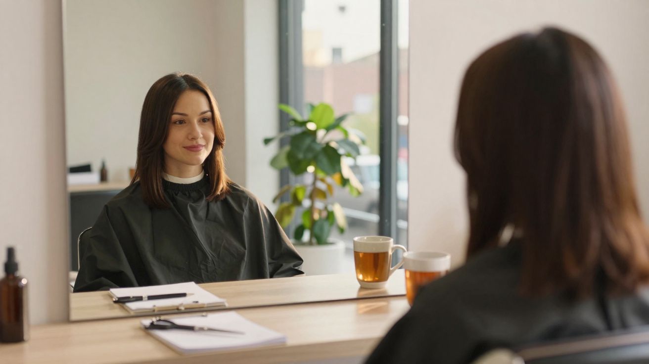Femme assise devant un miroir dans un salon de coiffure, portant une cape de protection noire.