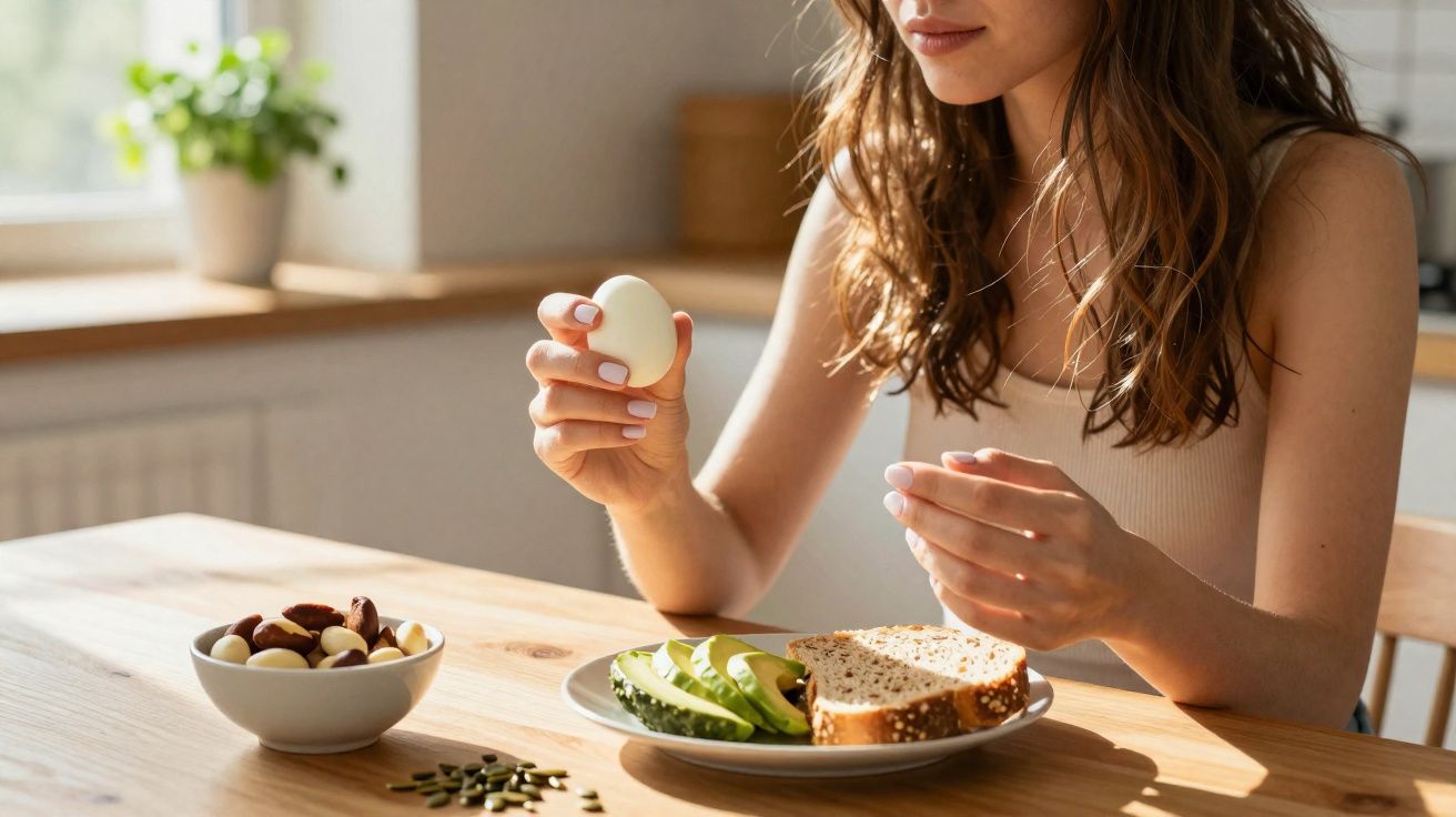 Femme tenant un œuf dur à la main avec une assiette d'avocat et pain complet sur une table en bois.