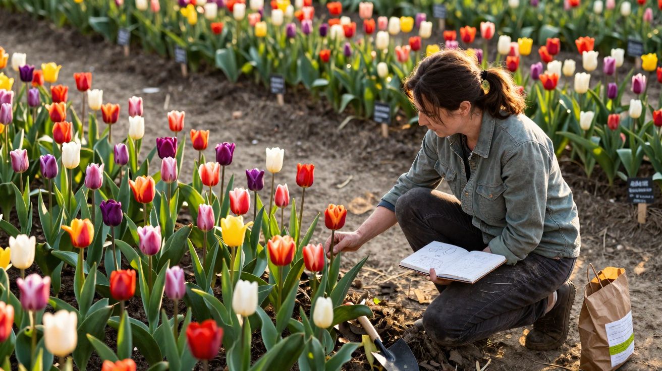Femme agenouillée inspectant des tulipes multicolores dans un jardin avec un carnet en main.