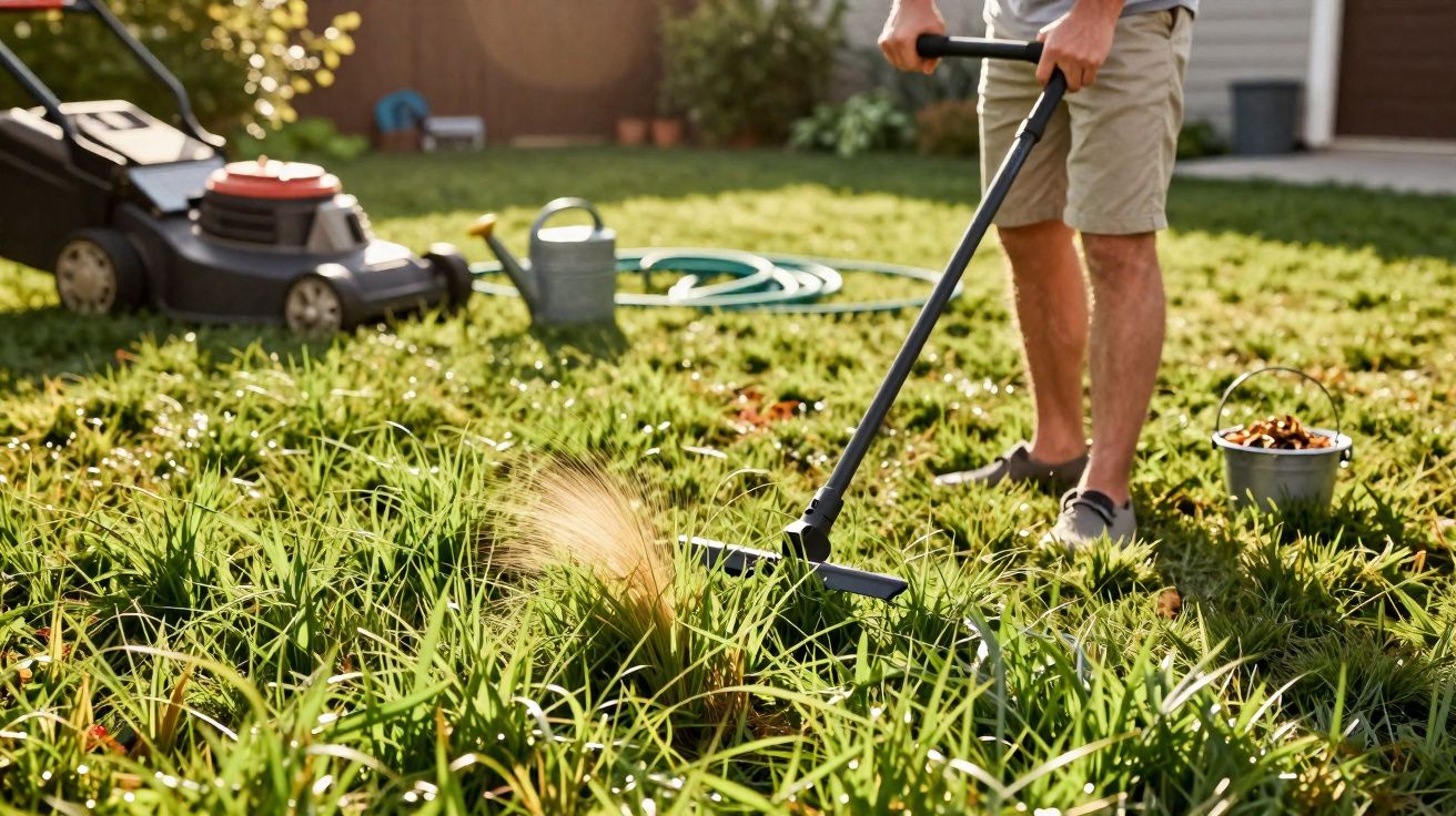 Personne tondant la pelouse verte avec une tondeuse manuelle dans un jardin ensoleillé.