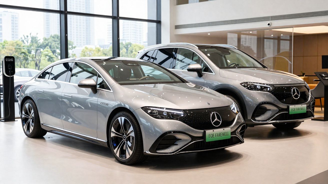 Deux voitures électriques Mercedes-Benz grises exposées dans un showroom lumineux avec vue urbaine.
