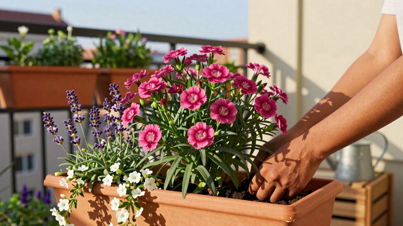 Mains plantant des fleurs roses dans un bac en terrasse ensoleillée avec lavande et fleurs blanches.