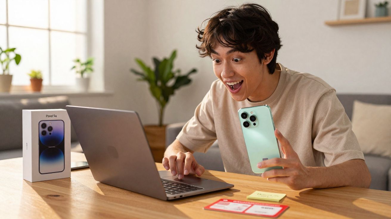 Jeune homme surpris, tenant un iPhone vert, devant un ordinateur portable avec la boîte d'un iPhone 14 Pro à côté.