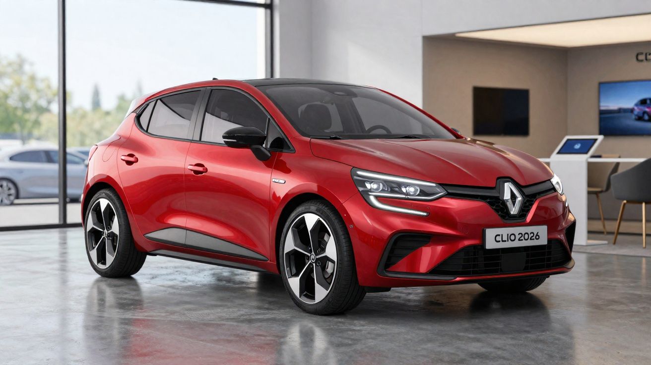 Voiture compacte rouge Renault Clio 2026 garée dans un showroom moderne avec grande baie vitrée.