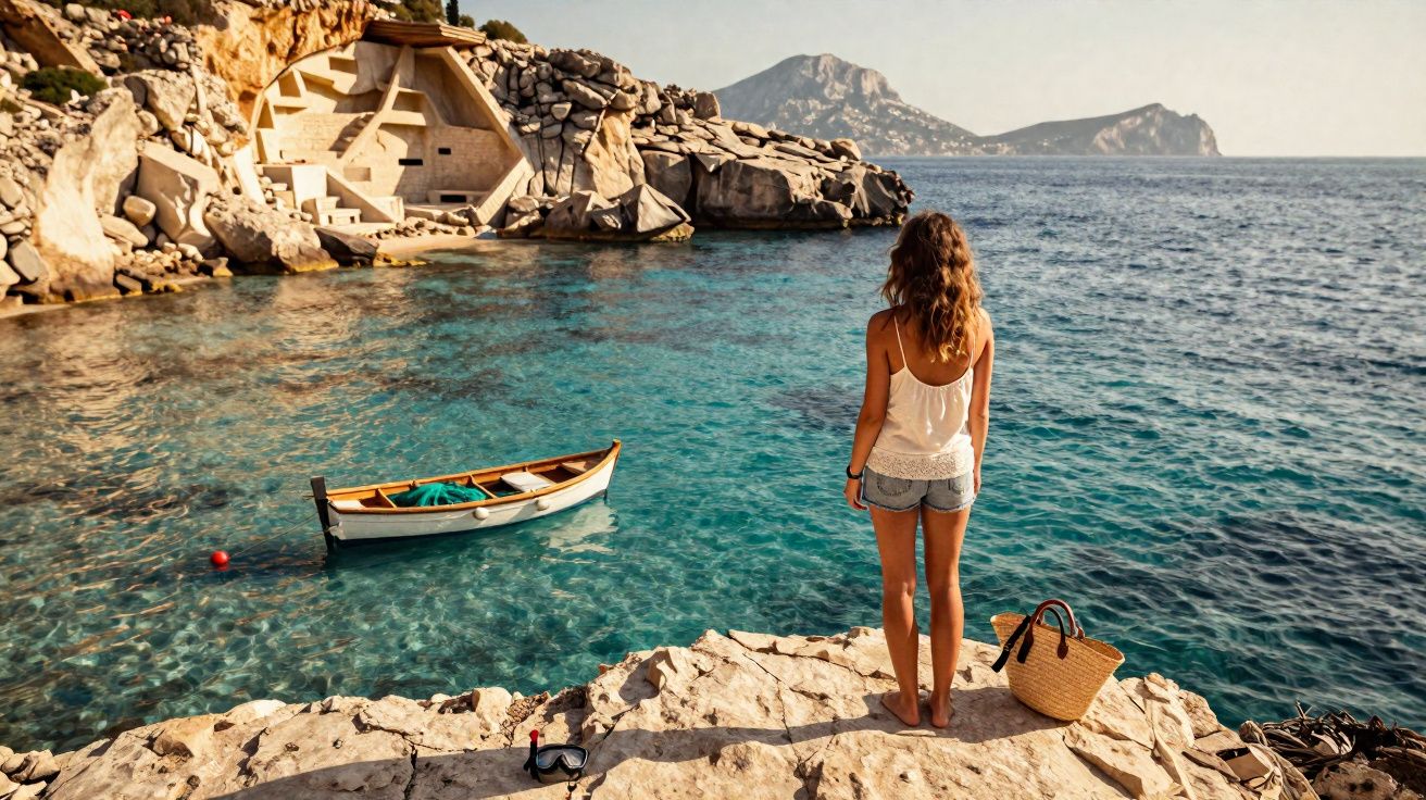 Femme debout sur une roche regarde une barque flottant sur une mer turquoise près d’une maison creusée dans la roche.