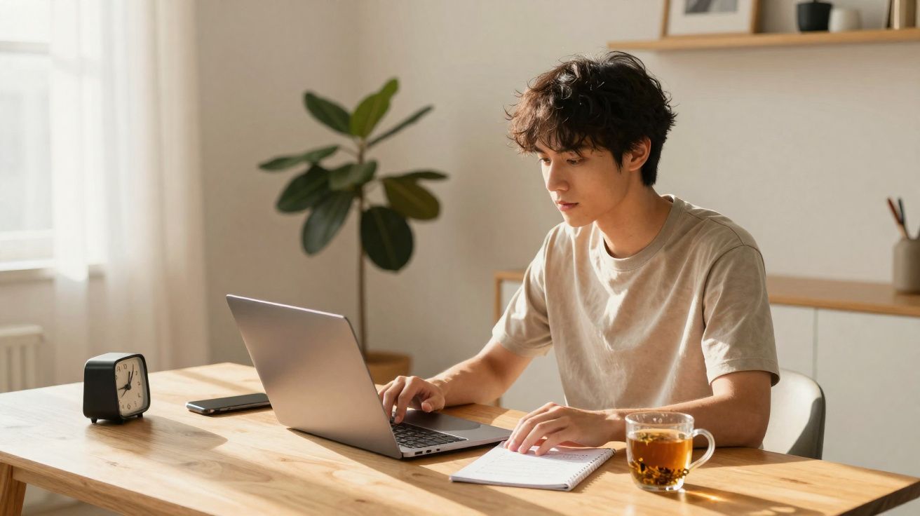 Jeune homme concentré travaillant sur un ordinateur portable à une table en bois avec une tasse de thé et un carnet.