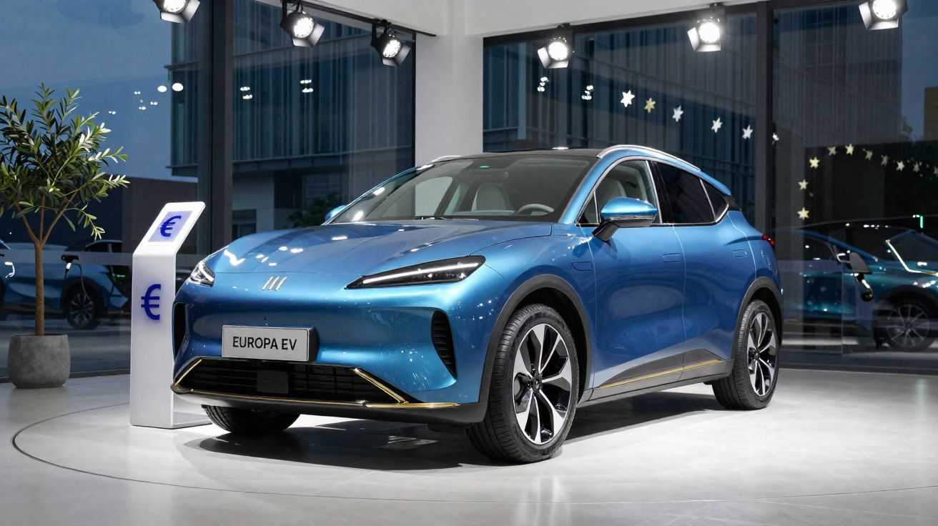 Voiture électrique bleue EUROPA EV exposée dans un showroom moderne avec éclairage et décor minimaliste.