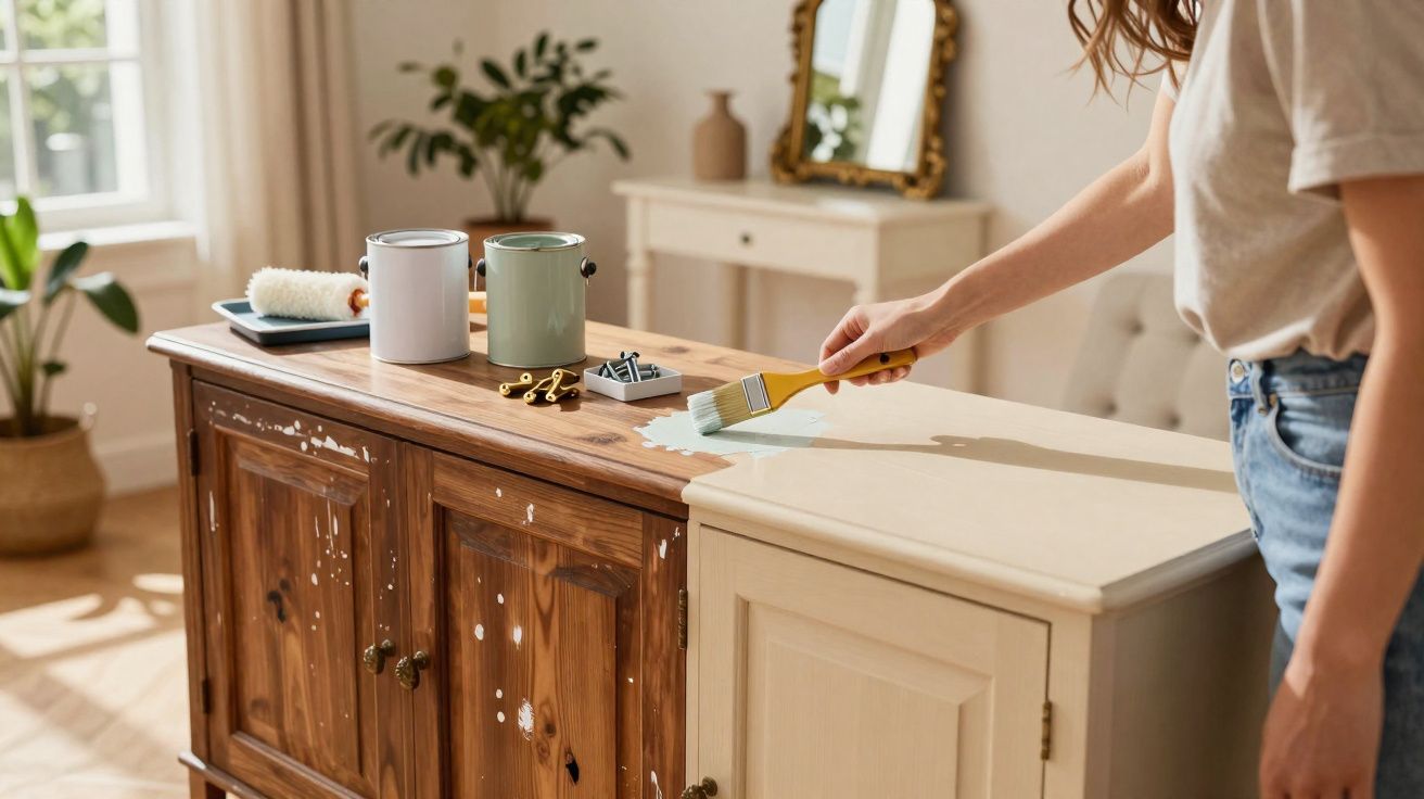 Personne repeignant un meuble en bois avec un pinceau et de la peinture blanche dans une pièce lumineuse.