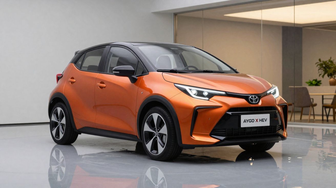 Voiture compacte orange Toyota Aygo X HEV garée dans un intérieur moderne avec sol brillant.