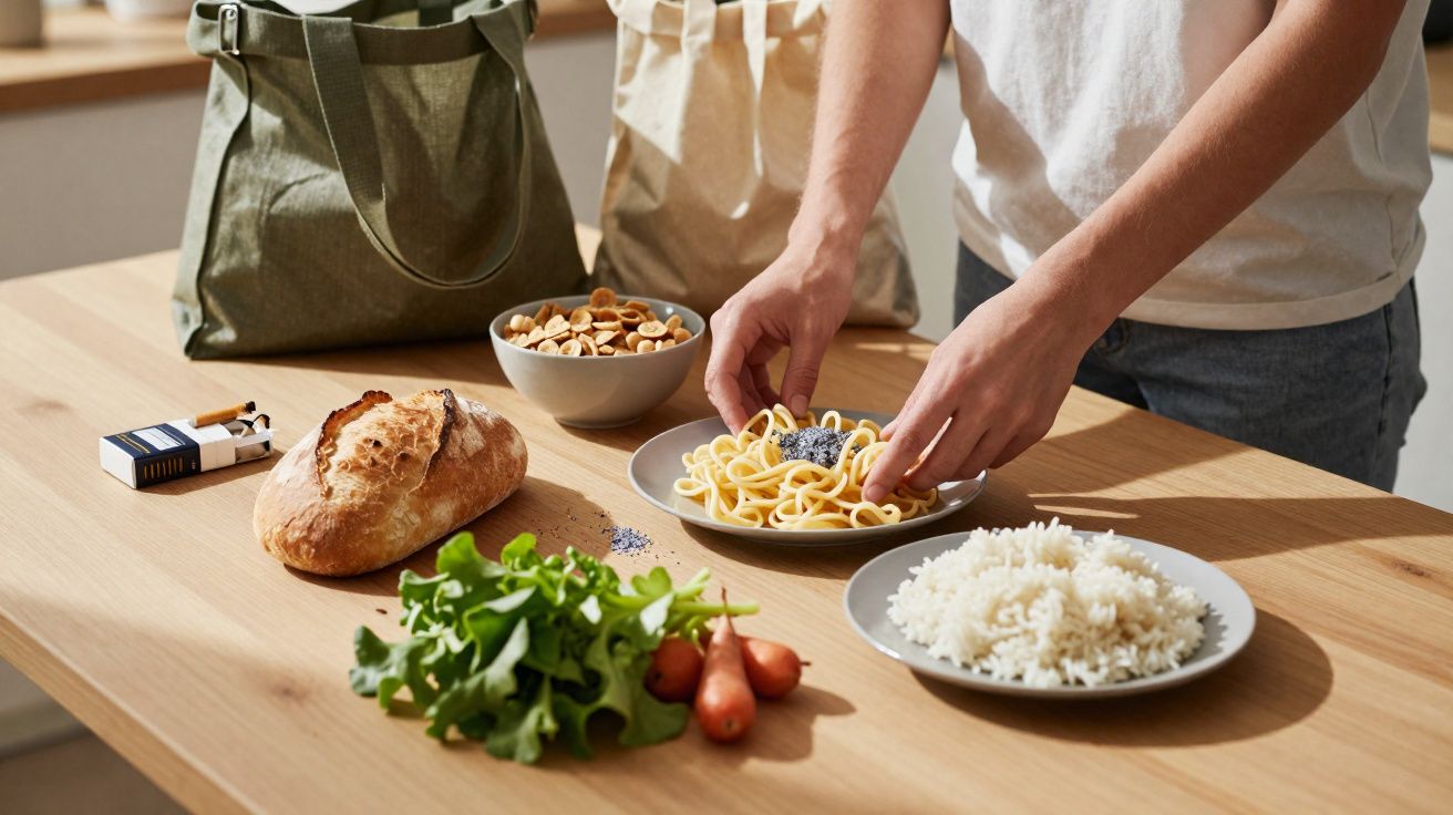 Main déposant des câpres sur assiette de pâtes, avec pain, riz, salade et fruits secs sur table en bois.