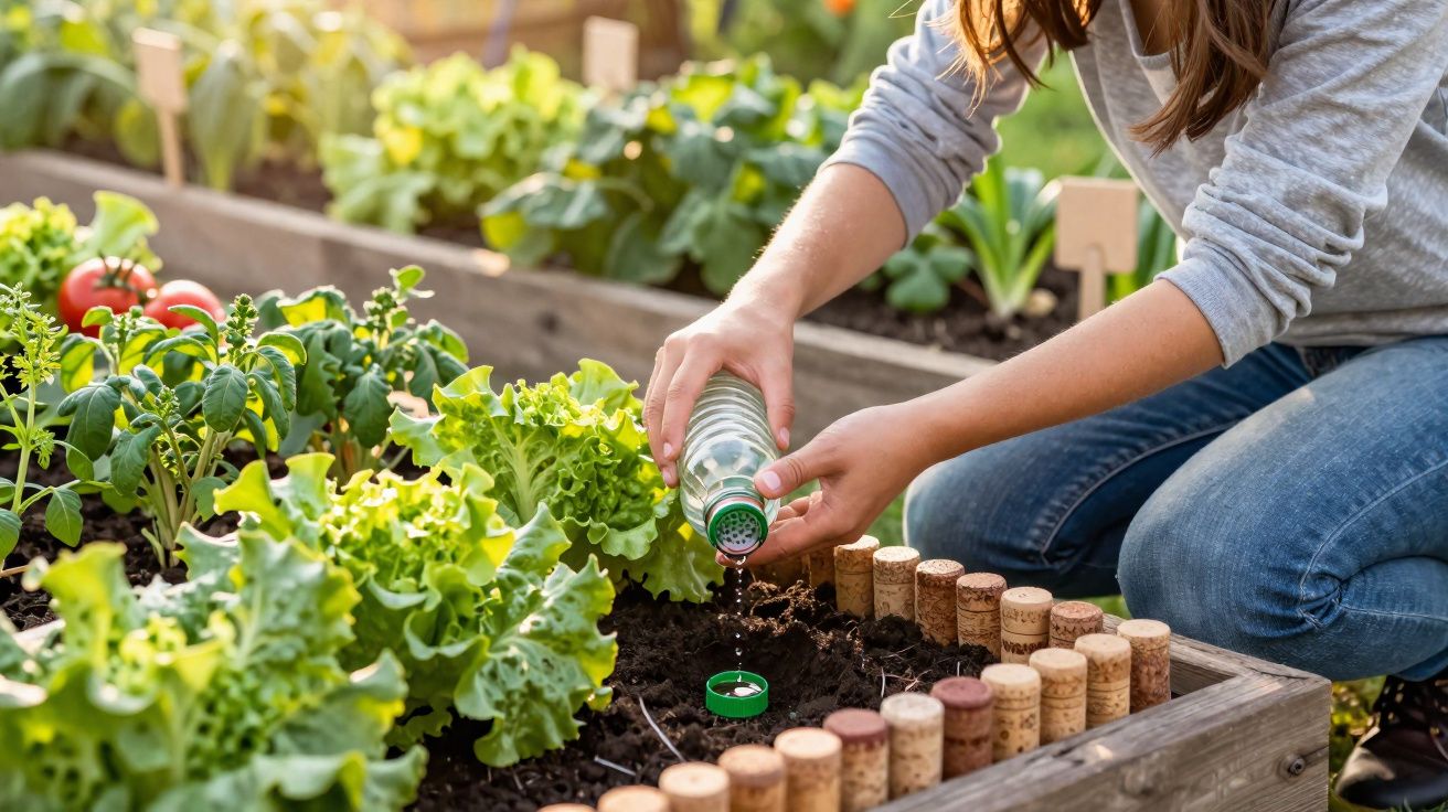 Personne arrosant des légumes dans un potager surélevé avec un arrosoir en plastique transparent.