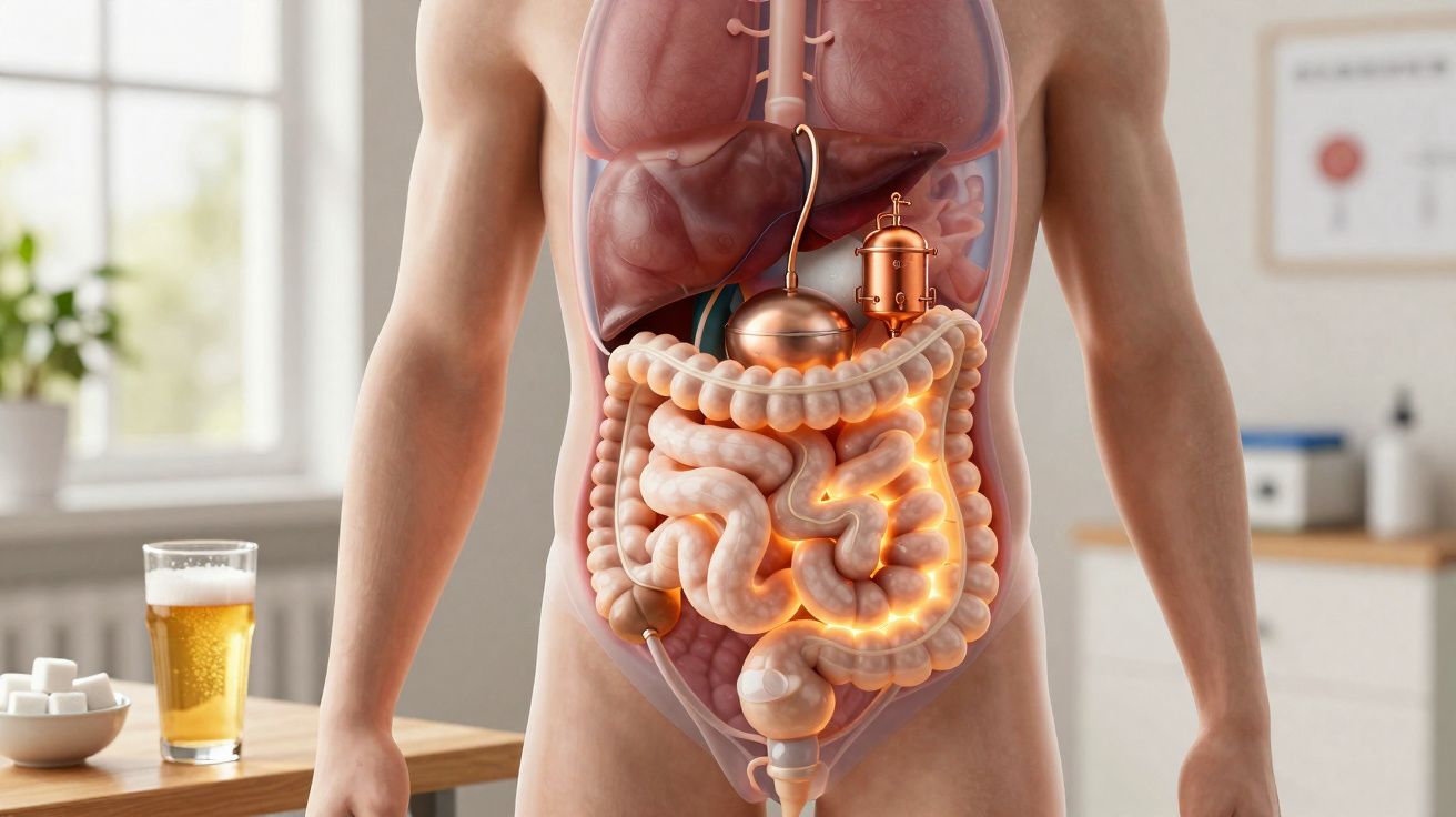 Modèle 3D transparent du torse humain montrant le système digestif avec mise en lumière intérieure.