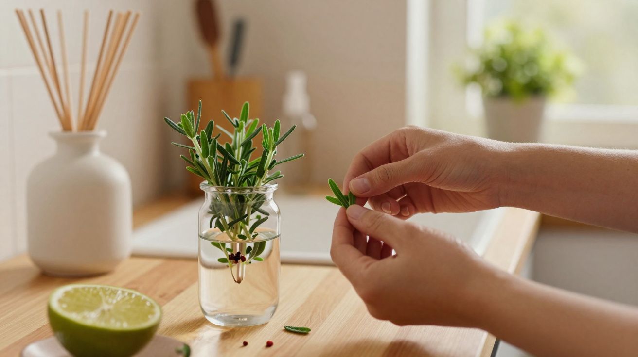 Mains tenant des brins de romarin au-dessus d'un bocal d'eau sur un plan de travail en bois avec un citron vert coupé.