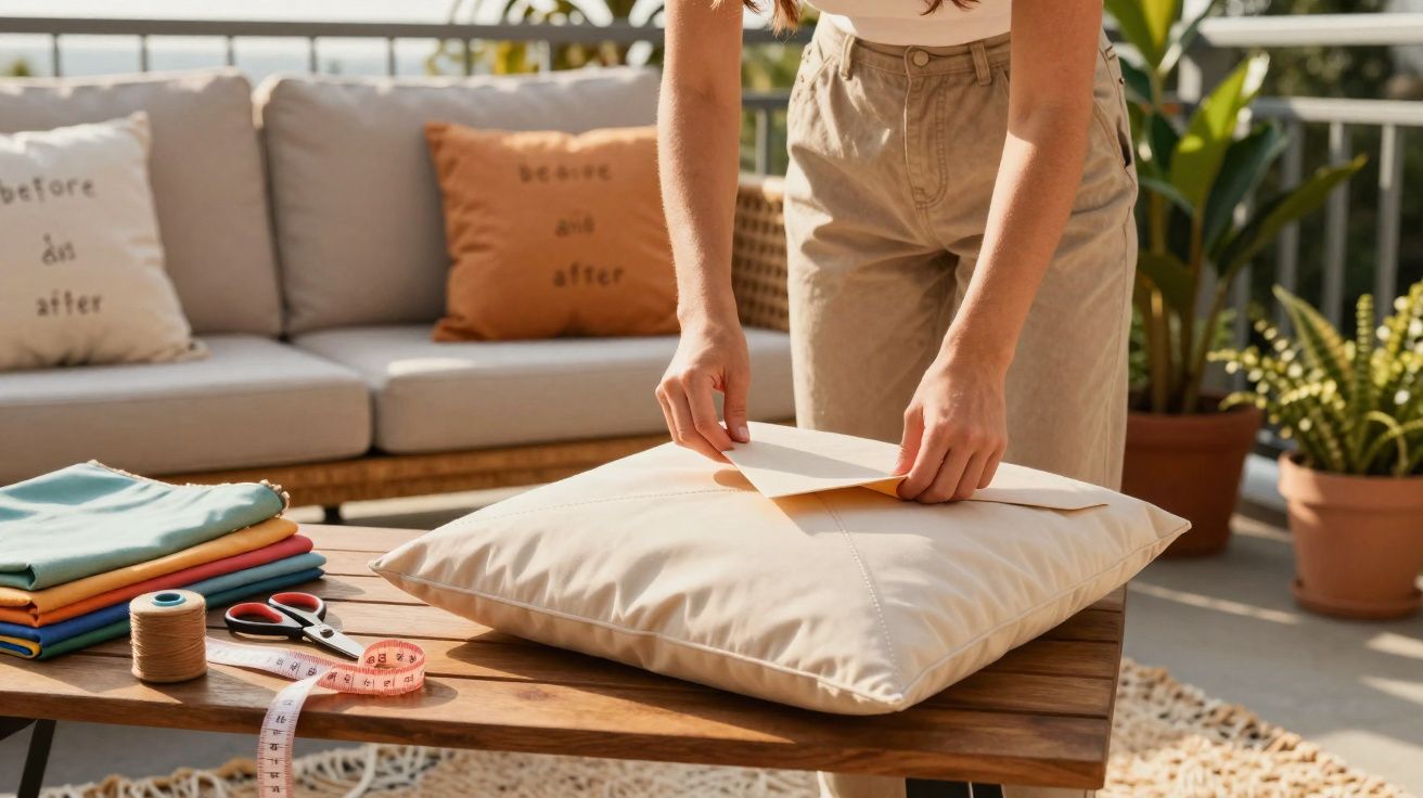 Personne pliant une taie d'oreiller beige sur une table en bois avec tissus et accessoires de couture.
