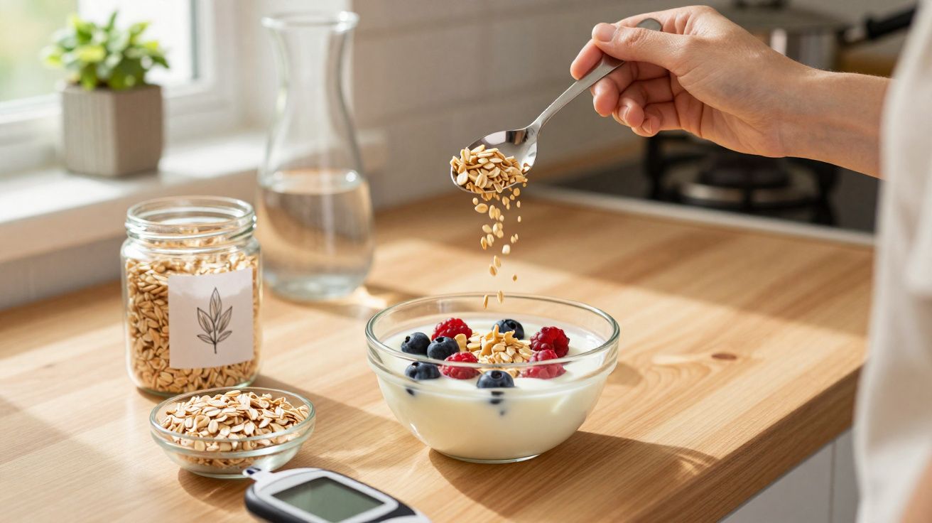 Main versant des flocons d'avoine sur un yaourt avec fruits rouges dans un bol sur un plan de travail en bois.