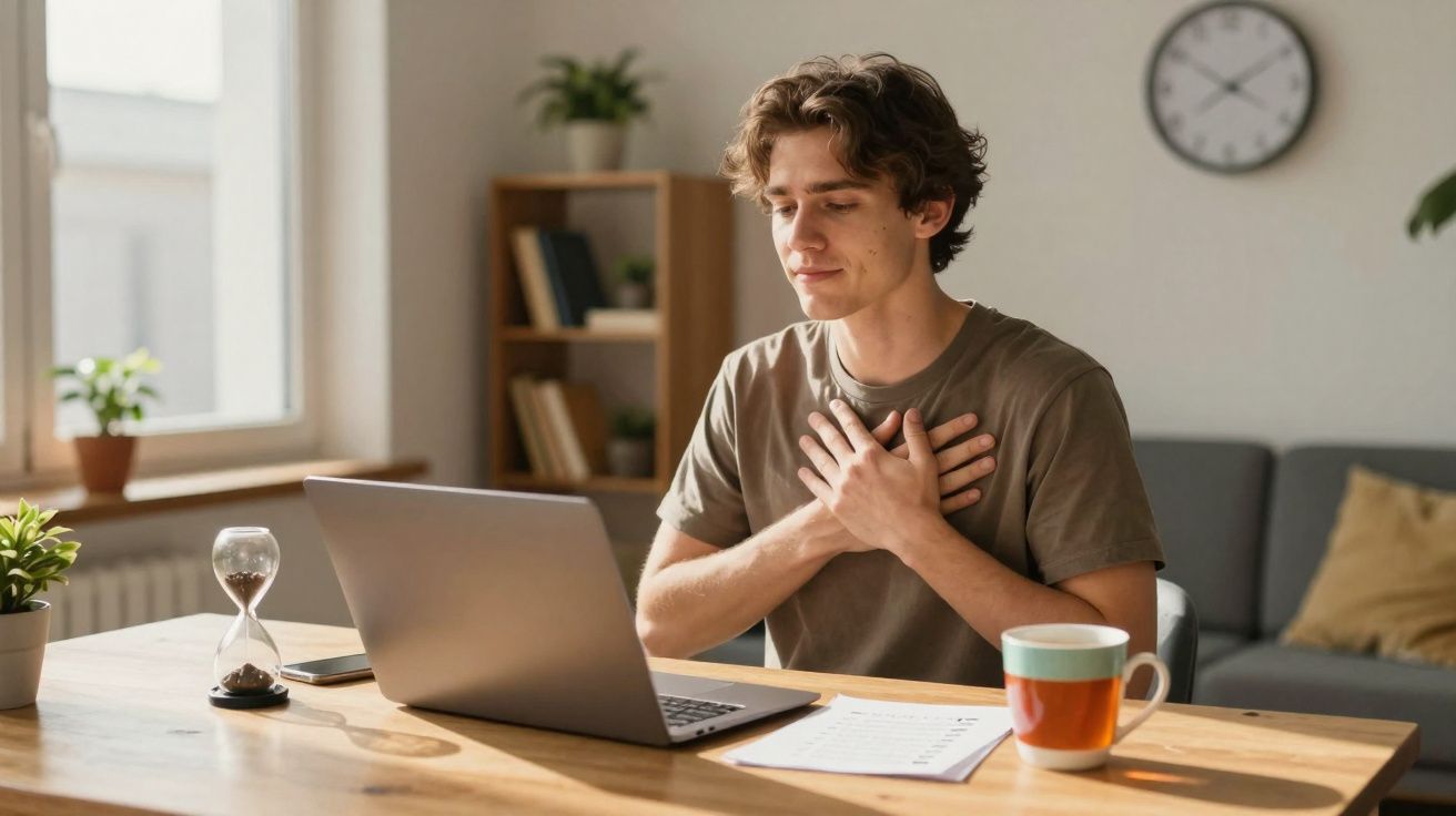 Jeune homme assis devant un ordinateur portable, mains sur la poitrine, dans un salon lumineux avec horloge murale.