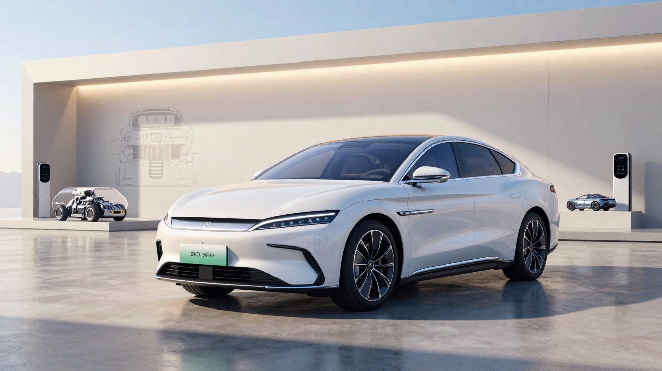 Voiture électrique blanche élégante garée devant une station de recharge moderne au design minimaliste.