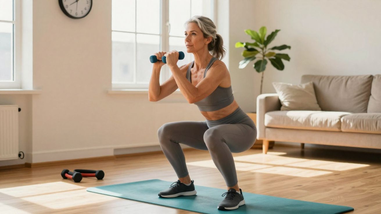 Femme mûre en tenue de sport effectue des squats avec haltères dans un salon lumineux, tapis de yoga au sol.