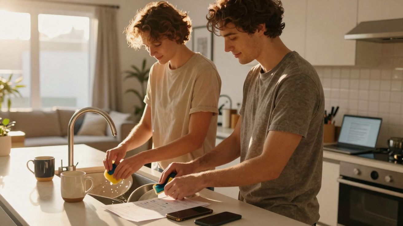 Jeune couple lavant des documents avec des éponges dans une cuisine lumineuse et moderne.