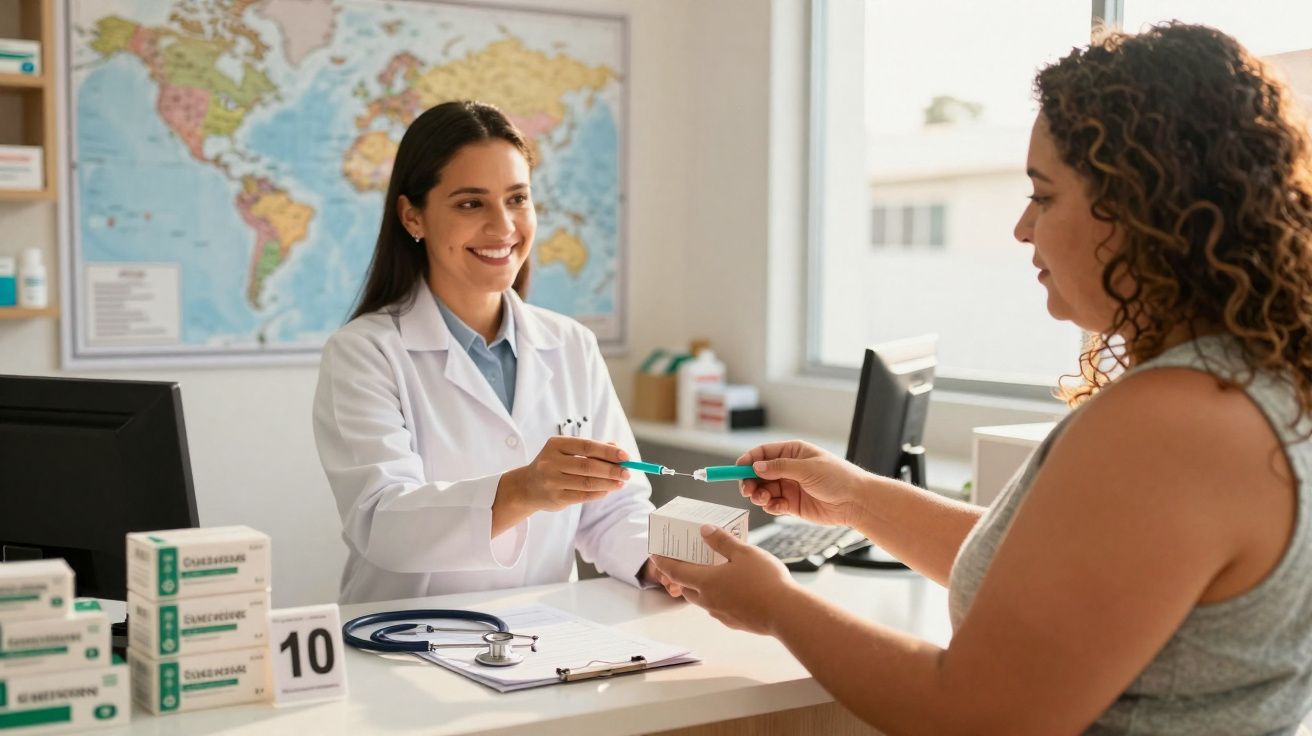 Femme médecin souriante donnant un stylo à une patiente dans un cabinet médical lumineux avec une carte du monde.