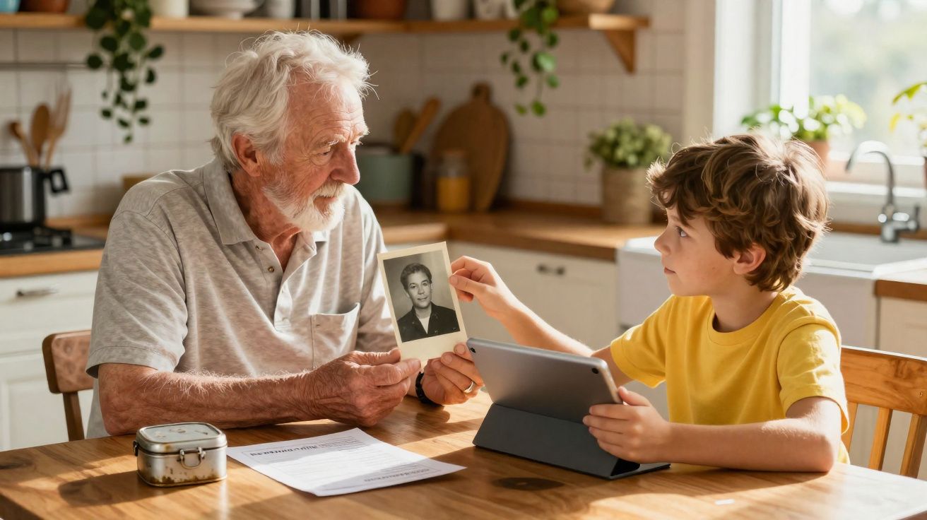 Un garçon et un homme âgé discutent en cuisine, l’homme montre une vieille photo au garçon avec une tablette.