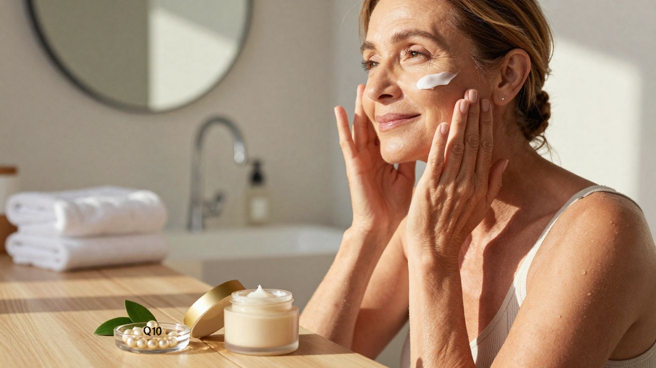 Femme appliquant une crème hydratante sur son visage dans une salle de bains lumineuse.