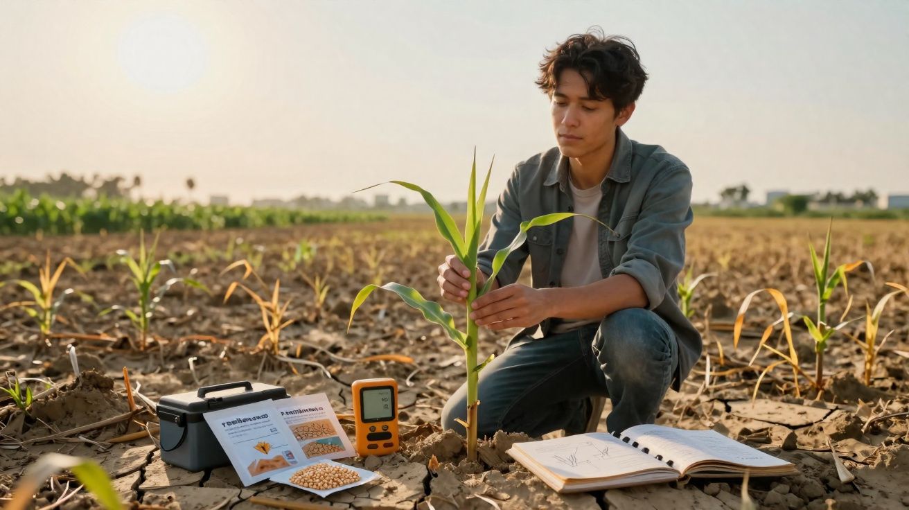 Jeune homme examinant une plante de maïs dans un champ sec avec matériel d'étude et cahier ouvert.