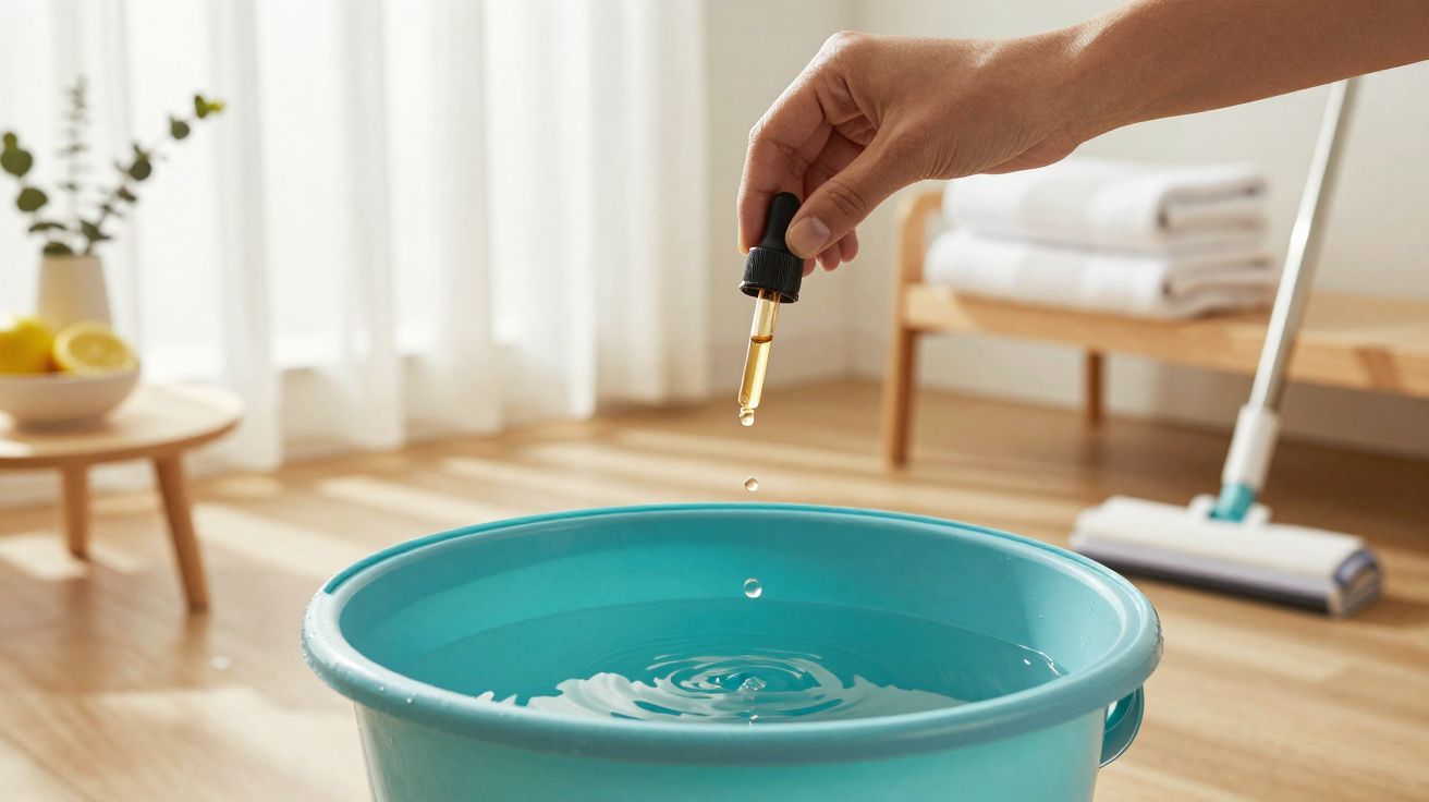 Main versant des gouttes d'huile essentielle dans une bassine d'eau bleue dans une pièce lumineuse.