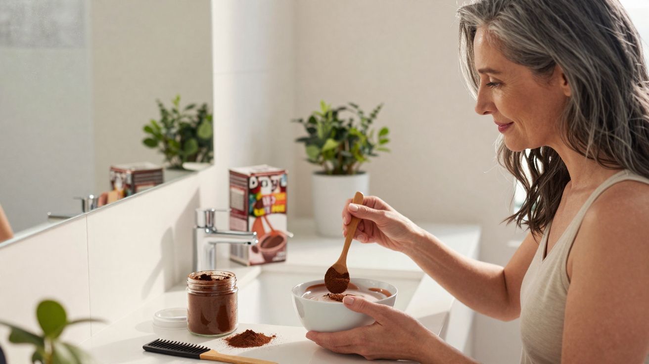 Femme souriante préparant un masque capillaire au cacao dans une salle de bain lumineuse.
