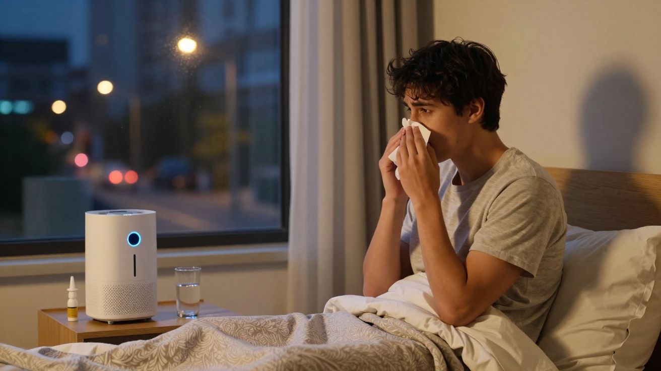 Homme souffrant d’un rhume, assis dans son lit, se mouche avec un tissu près d’un diffuseur d’air et d’un spray nasal.