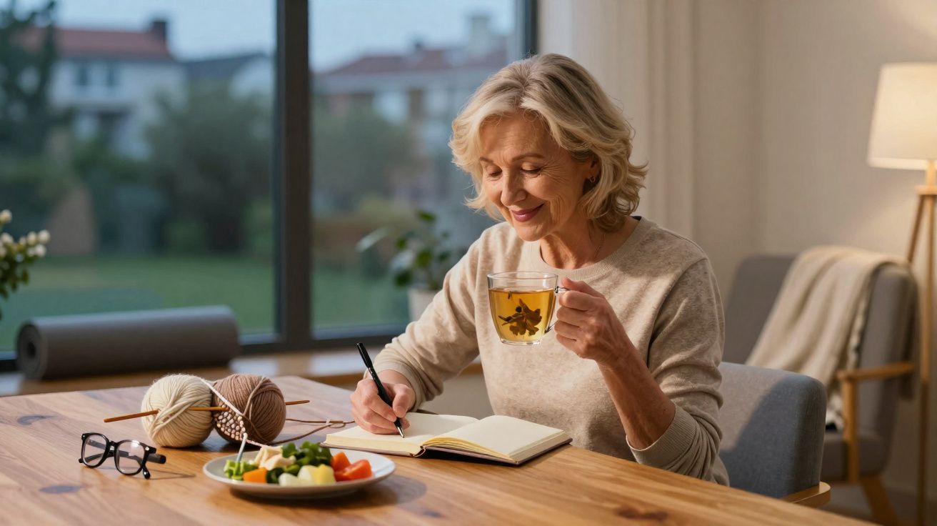 Femme âgée souriante écrivant dans un carnet en buvant du thé, avec pelotes de laine et assiette de légumes.