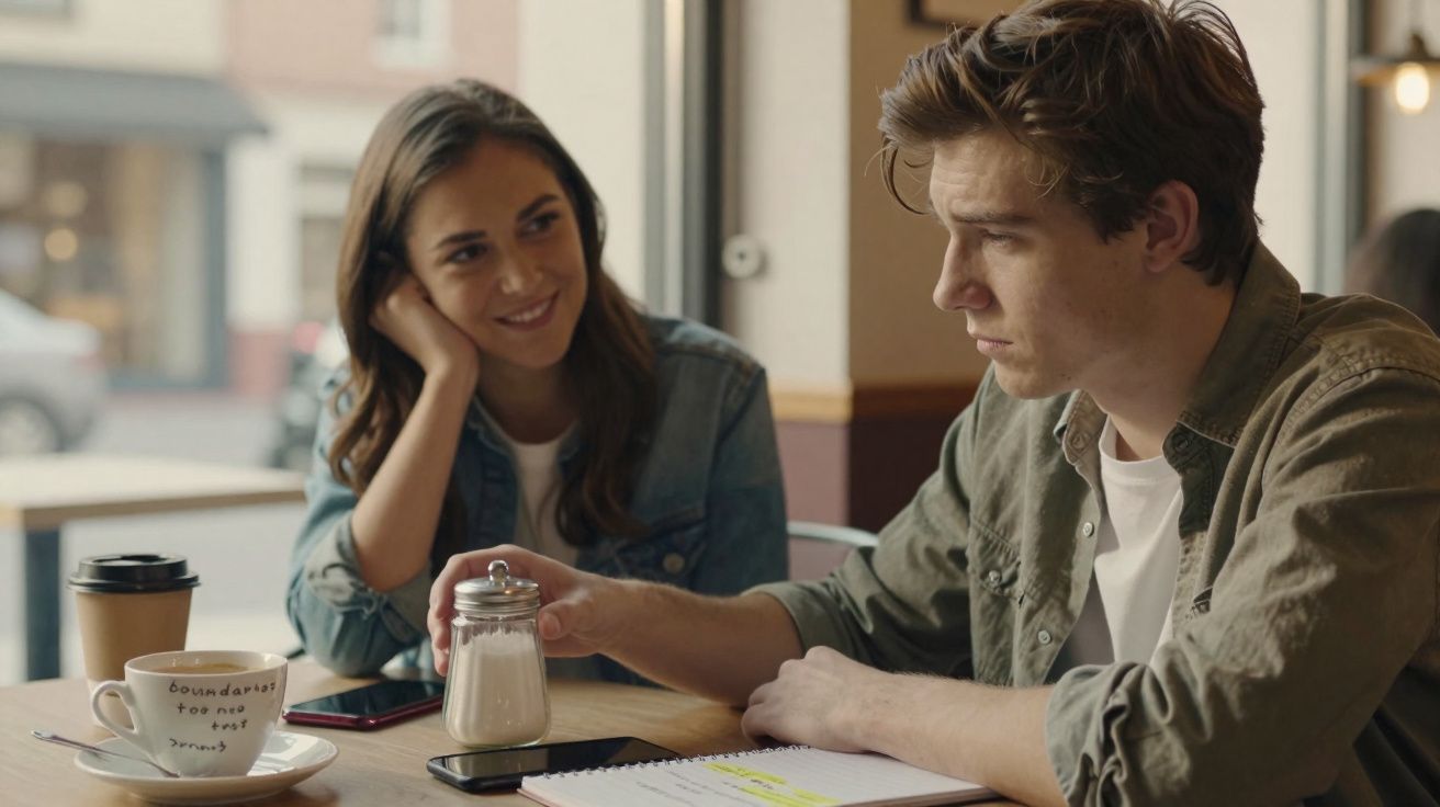 Jeune femme souriante regardant un homme pensif dans un café avec carnets et boissons sur la table.