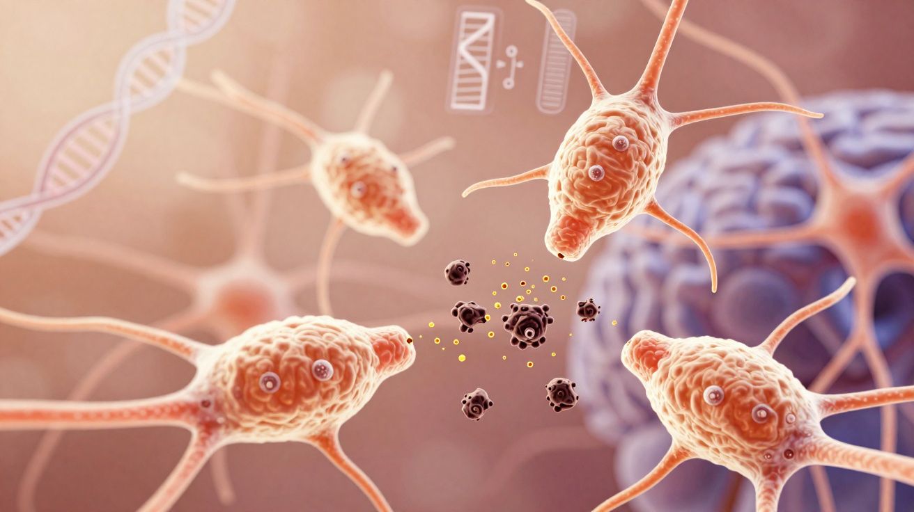 Représentation 3D de cellules immunitaires attaquant des agents pathogènes dans un environnement microscopique.