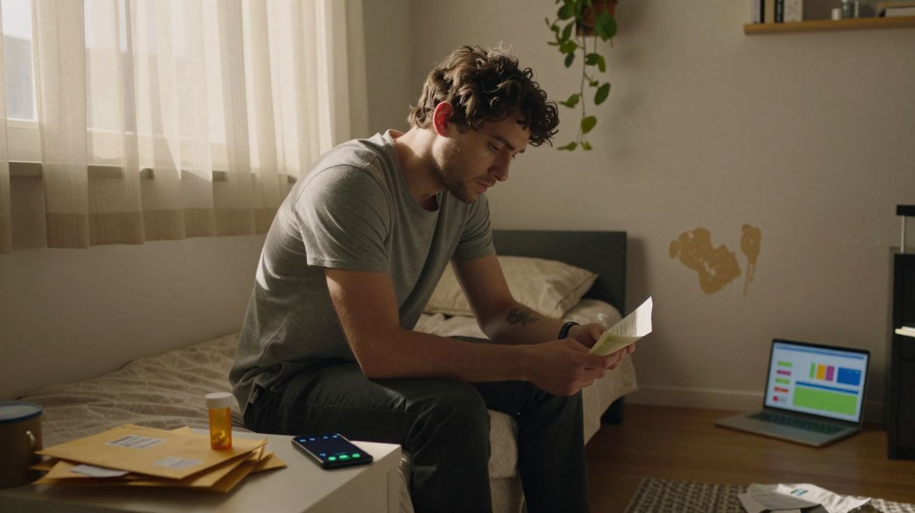 Homme assis sur un lit, lisant une lettre, avec un téléphone, des enveloppes et un ordinateur portable allumé.