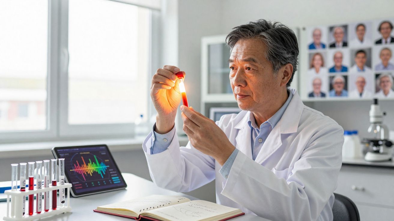 Scientifique en blouse blanche examinant un échantillon de sang rouge dans un laboratoire moderne.