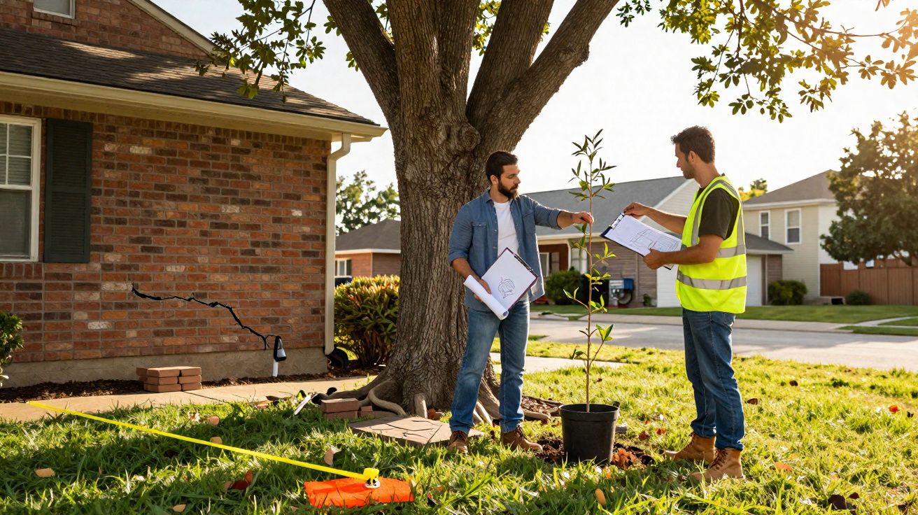 Deux hommes discutant d’un projet de plantation d’arbre devant une maison en brique.