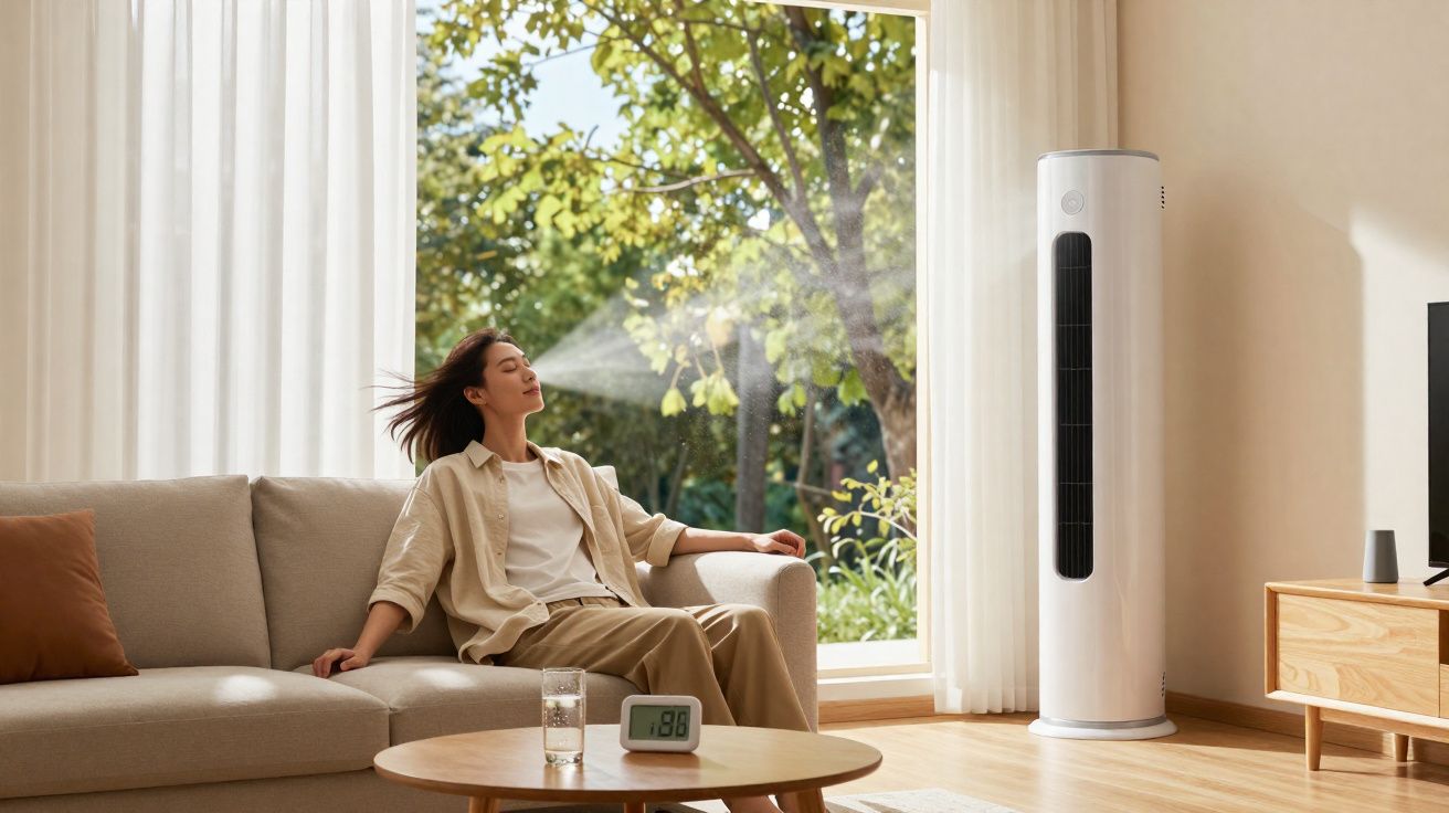 Femme détendue sur un canapé bénéficiant de la fraîcheur d’un rafraîchisseur d’air dans un salon lumineux avec vue sur jardin