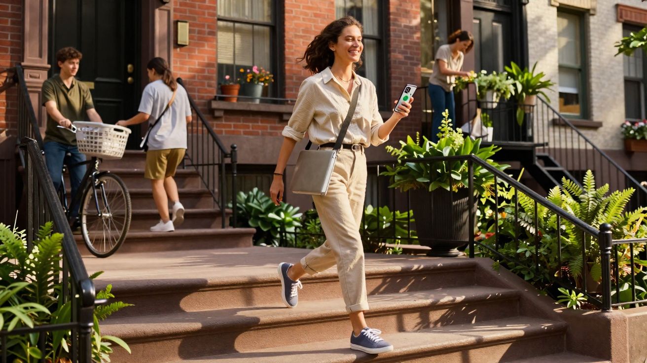 Jeune femme souriante descendant des escaliers dans un quartier résidentiel urbain animé au soleil.