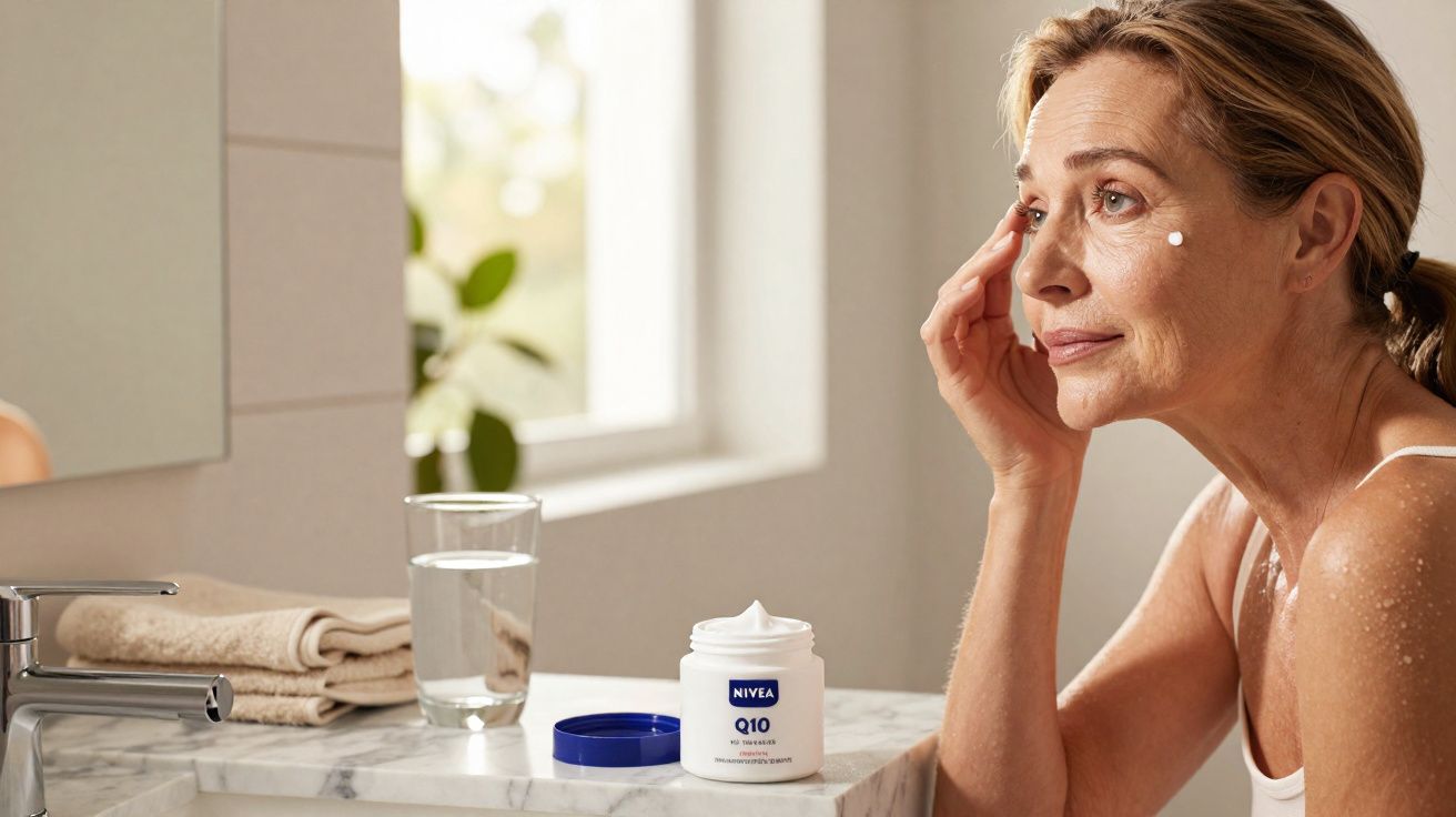 Femme appliquant une crème anti-âge Nivea Q10 sur son visage dans une salle de bain lumineuse.