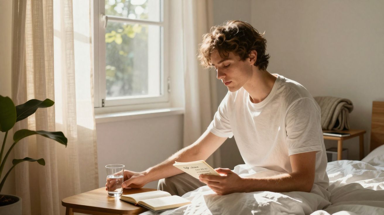 Jeune homme assis sur un lit, lisant une carte, tenant un verre d'eau près d'une fenêtre lumineuse.