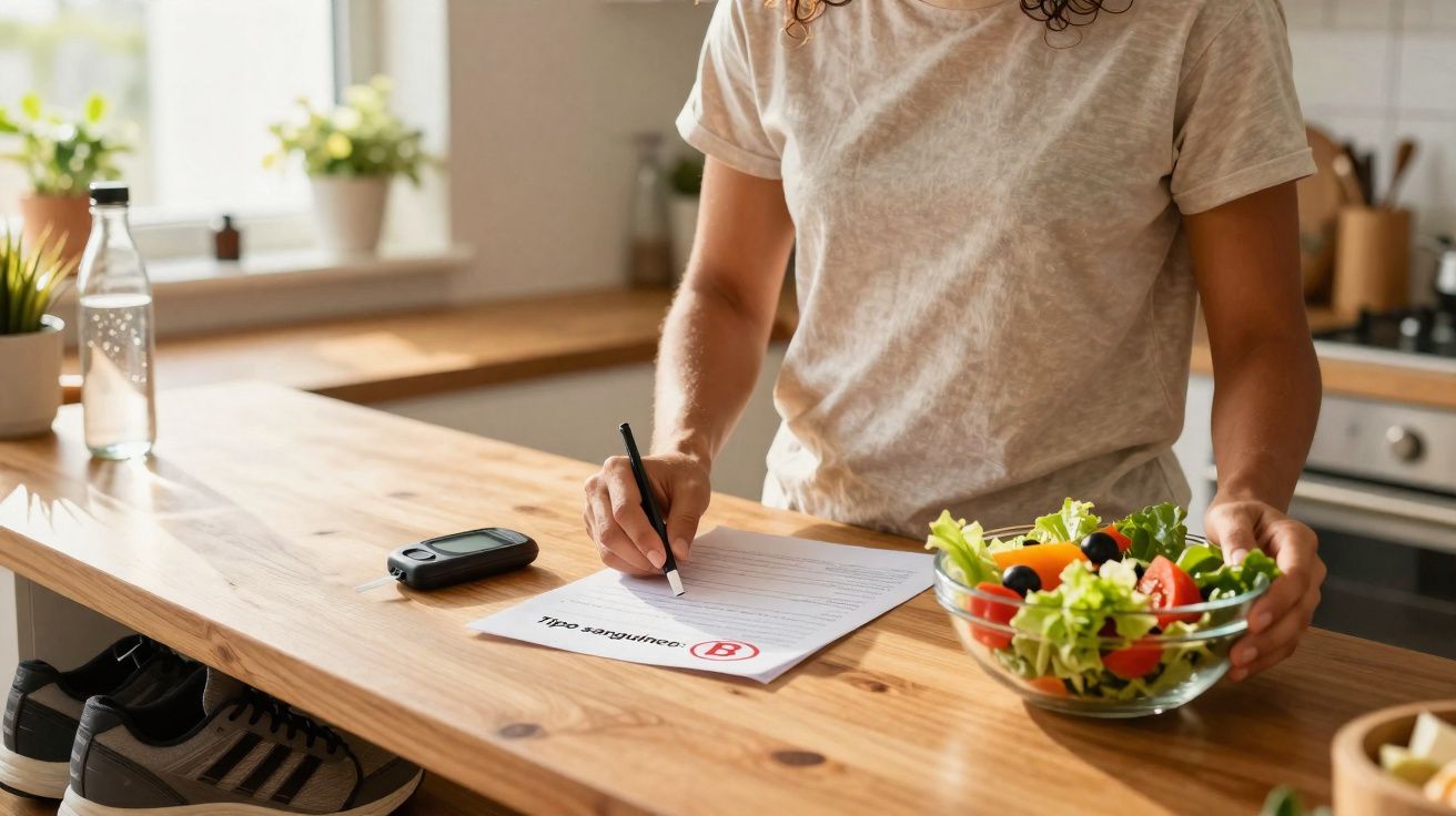 Personne tenant un bol de salade et remplissant un formulaire de groupe sanguin sur une table en bois.