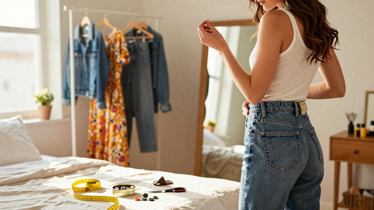 Femme debout devant un miroir dans une chambre, vêtements suspendus et accessoires de couture sur le lit.