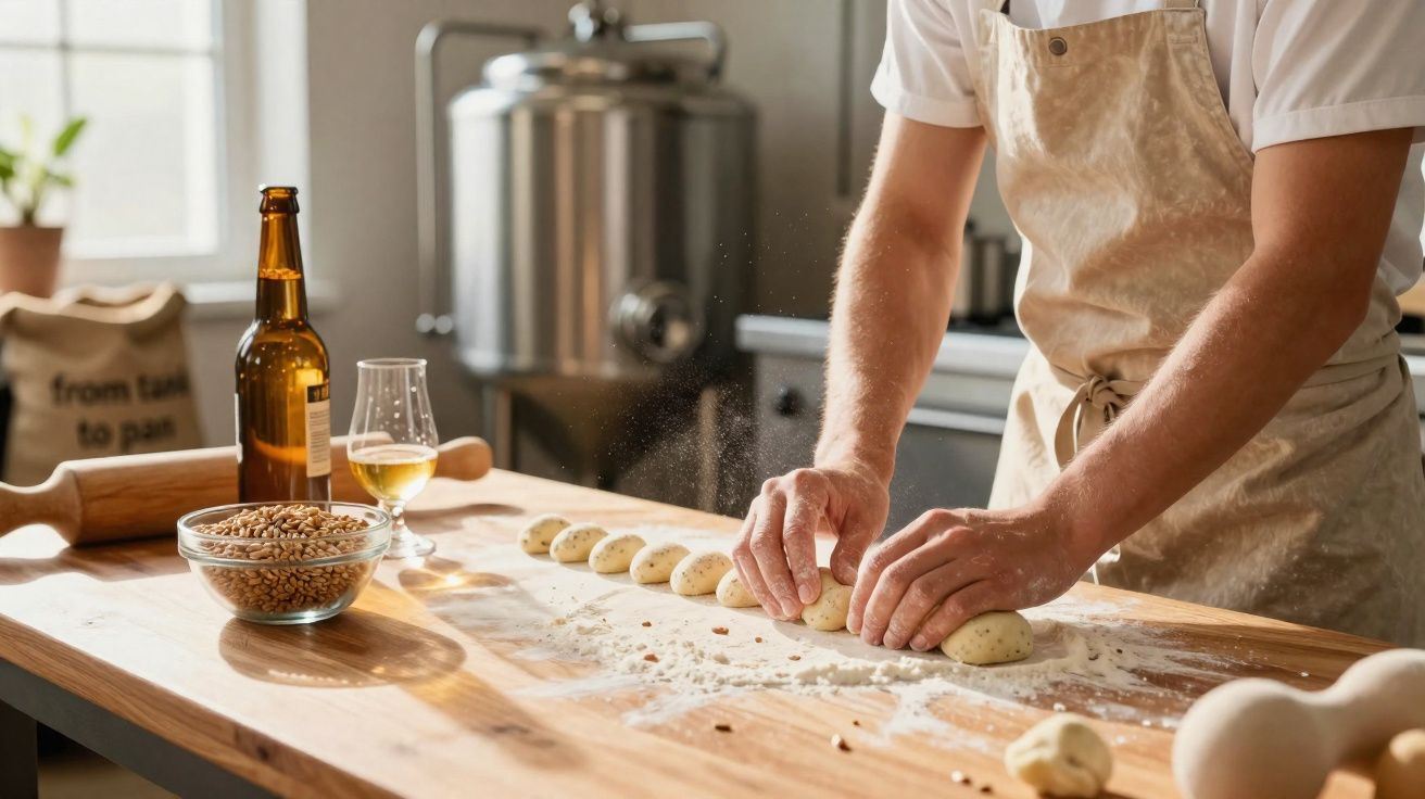 Personne en tablier façonnant des petits pains sur une table en bois avec farine et ingrédients.