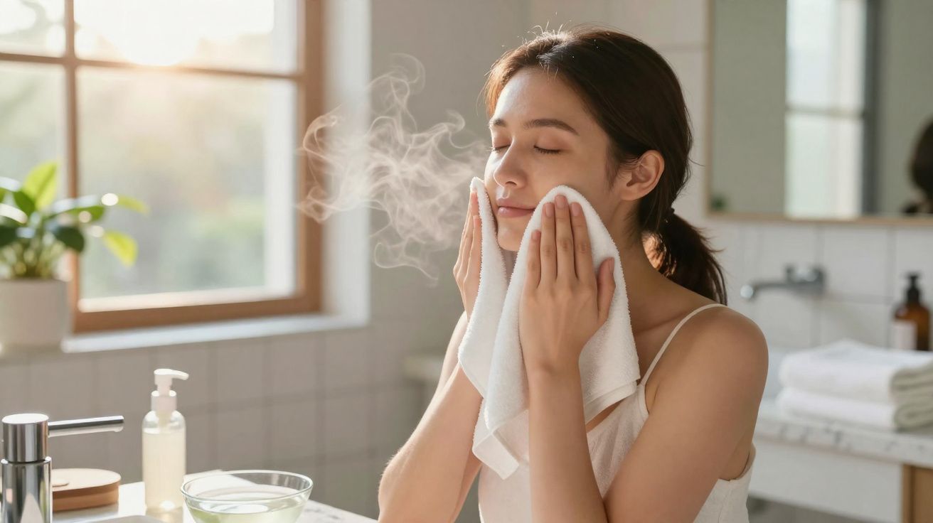Femme appliquant une serviette chaude sur son visage dans une salle de bain lumineuse avec vapeur visible.
