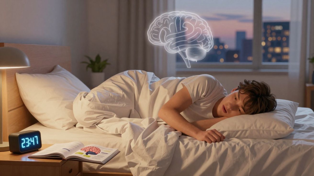 Personne allongée éveillée dans un lit, horloge indique 23h47, cerveau flottant en hologramme au-dessus.