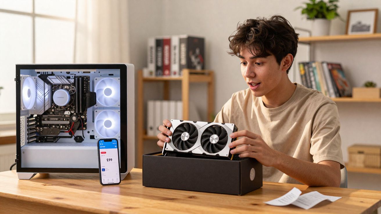Adolescent debout devant un PC, tenant une carte graphique blanche avec deux ventilateurs sur un bureau en bois.